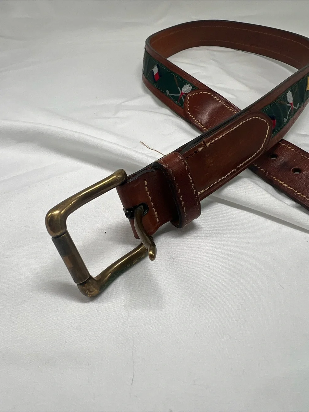 Tommy Hilfiger Brown Leather Belt with Green Embroidered Accent